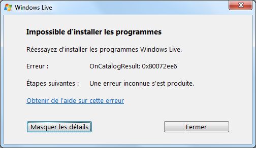 windows live platform a rencontre un probleme